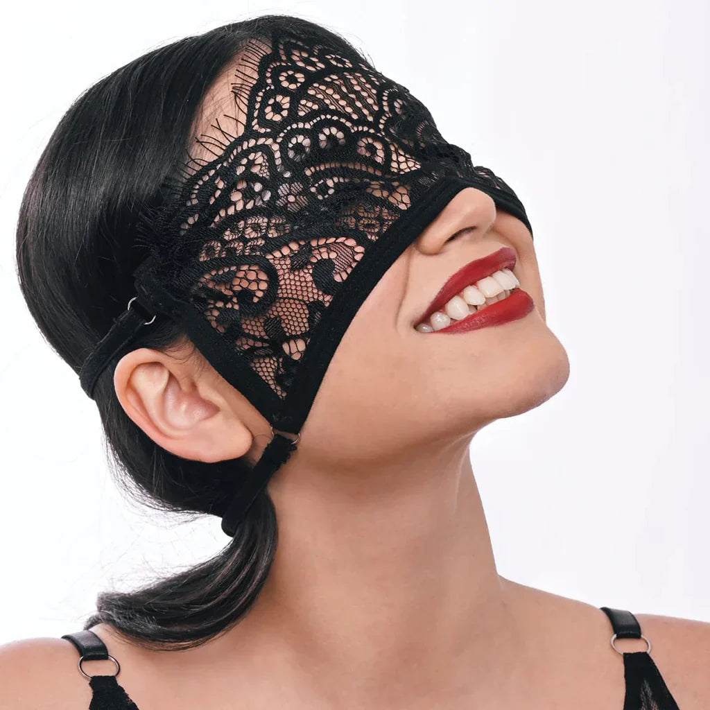 S&M Veiled Vision Lace Blindfold – Vancouver adult shop – in use view